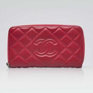 Chanel Red Quilted Caviar Leather CC Zip Compact Wallet